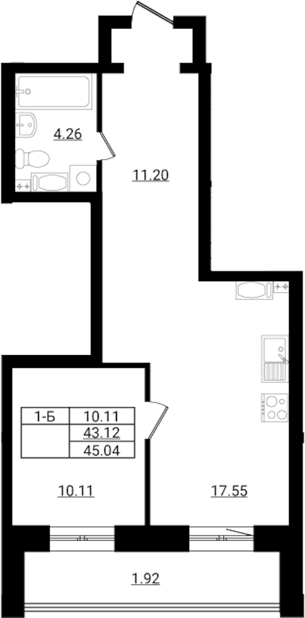 1-комнатная квартира 45.04 м², 5/9 эт., ЖК «Эко Гармония»